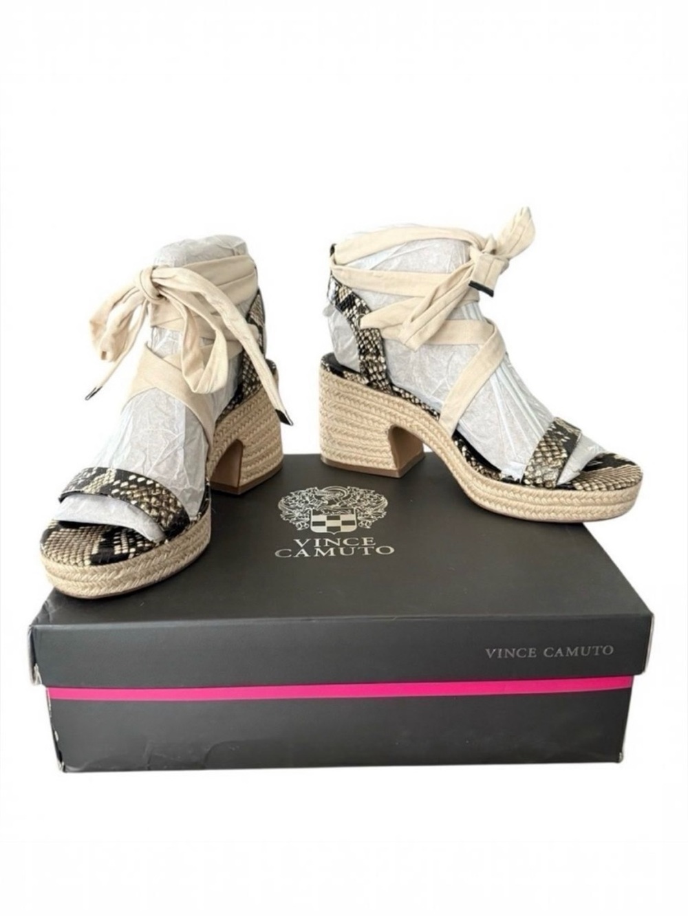 Vince Camuto Roreka Python Espadrille Block Heel Sandals Warm Vanilla Black 9
